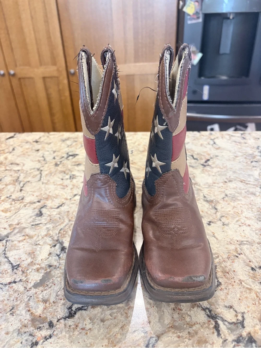 Durango Kids Brown Boots with Red, Cream & Blue Flag Design